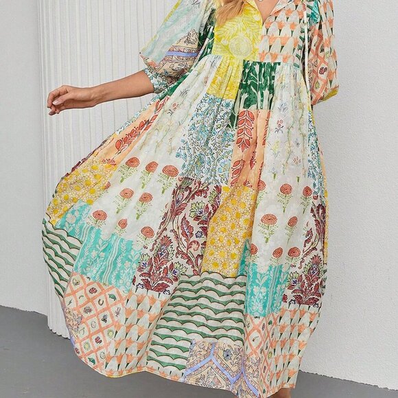 Yellow Boho Women's Bohemian Lantern Sleeve V Neck Tie Pockets Maxi Dress - Picture 3 of 6